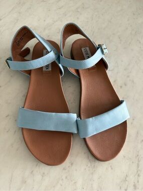 Steve Madden Light Blue Leather Ankle-Strap Flat Sandals